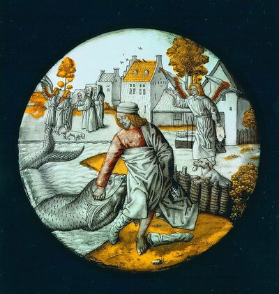 Malerei auf rundem Glas. Dargestellt ist ein Mann, der einen großen Fisch aus dem Wasser zieht.