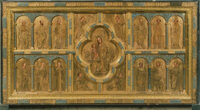 Eine goldene Tafel, in desses Zentrum eine Abbildung von Maria mit dem Jesuskind auf dem Schoß steht.