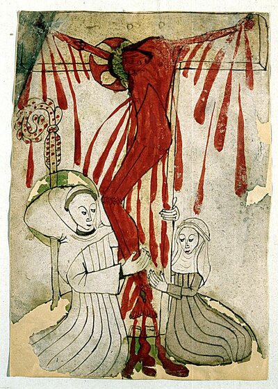 Zeichnung des Jesus am Kreuz. Jesus ist ganz in rot gemalt und von seinem Körper läuft rote Farbe wie Blutspritzer. Zu seinen Füßen sitzen ein Mann in Mönchskutte und eine Frau.