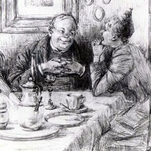 Schwarz-weiß Zeichnung eines betagten Mannes, der einer neben ihm sitzenden Frau zulächelt. Beide sitzen zusammen an einem gedekcten Tisch.