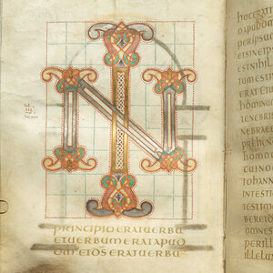 Eine Seite aus der Schedel'schen Weltchronik. Darauf zu sehen sind die bunt illustrierten Initialien N und I welche überinandergelegt sind.