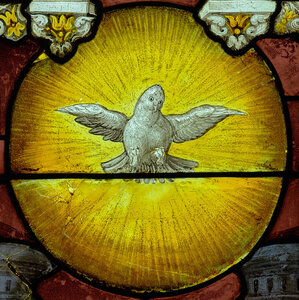 Polychromes Glasfenster mit weißer Taube im gelben Strahlenkranz