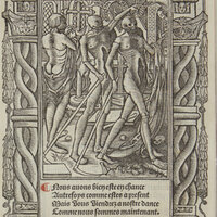 reich verzierter Druck mit drei toten Figuren in einem dekorativen Rahmen