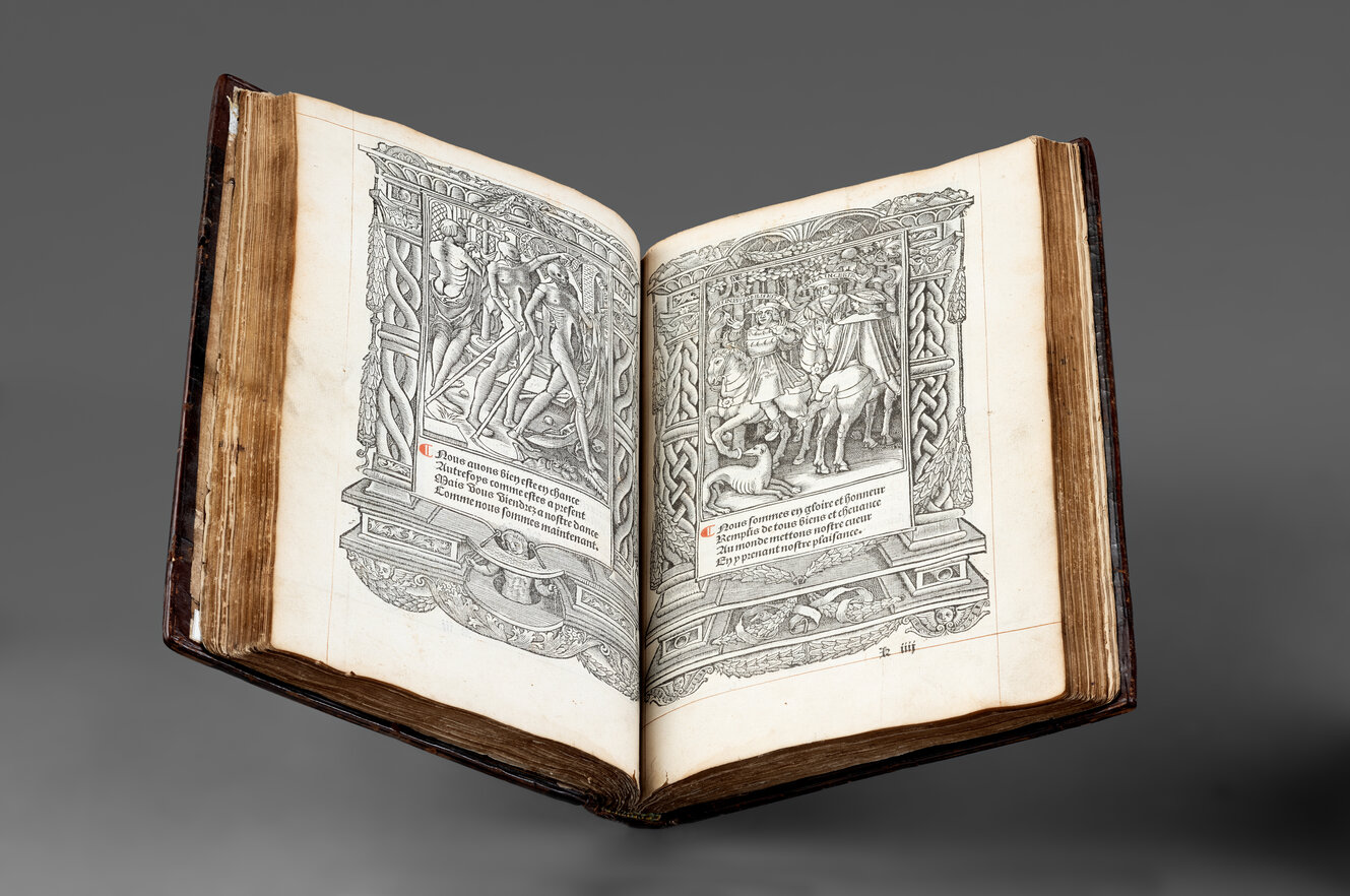 Aufgeschlagenes Buch. Die beiden Seiten sind jeweils mit Bildern bedruckt.