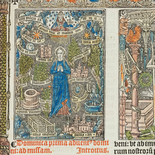 Farbig mit Bildern und Text bedruckte rechte Seite eines Buches