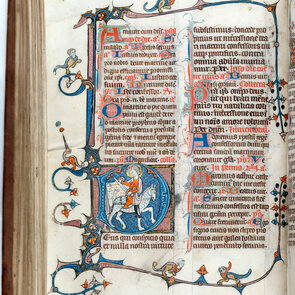 Aufnahme einer Seite aus dem Psalter mit bunten Malereien die den Text Umrahme, darunter Mischwesen und spielerische Szenen