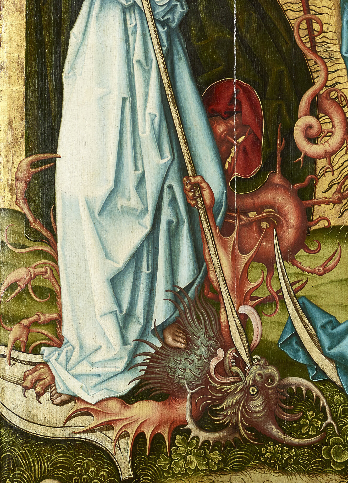 [Translate to English:] Detai einer mittelalterlichen Tafelmalerei: Ein fantastischer Drache wird von einer Lanze ins Maul gestochen. 