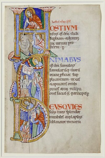 Einzelne Seite: Drei Initialen zu Gebeten zeigen, wie jeweils Christus die Bitte des Gebets erfüllt, Teufel tötet oder Seelen rettet.