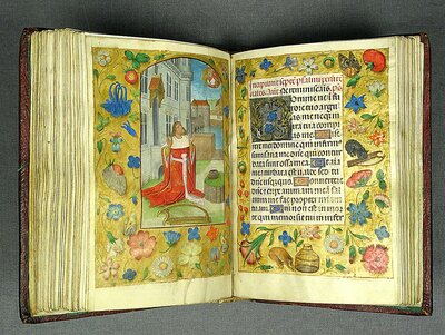 Ein aufgeschlagenes Buch. Auf einer Seite ist eine Illustration eines knienden Mannes zu sehen. Vor ihm liegt eine Harfe. Die andere Seite zeigt unleserliche Schrift. Beide Seiten sind reich mit Blumen an den Rändern illustriert..