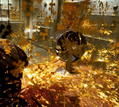 Vielpartikelsystem, Luka Fineisen, MDF, Plexiglas, 2 Ventilatoren, Polyesterglitter,143 x 80 x 50 cm, Inv.-Nr. Y 1, © Rheinisches Bildarchiv. Schenkung Hermann R. Müller 2012.