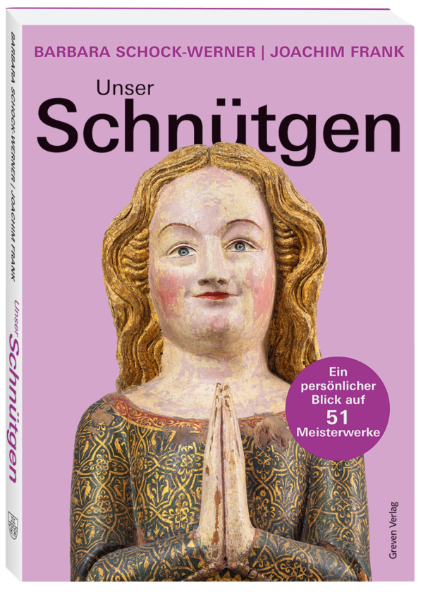 Buchcover von "Unser Schnütgen" mit einer lächelnden Reliquienbüste auf rosafarbenem Hintergrund.