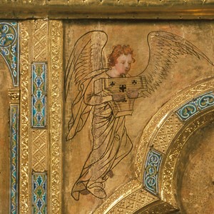  Goldene Tafel aus St. Ursula, Köln, um 1170-1180, Malerei: spätes 14./frühes 15. Jh. und 19. Jh., Eichenholz, Grubenschmelz, vergoldete Stückplättchen und Buntmetallblech, 114 x 218 cm, Inv. G 564, Museum Schnütgen (aus der Sammlung F.F. Wallraf) © Rheinisches Bildarchiv 