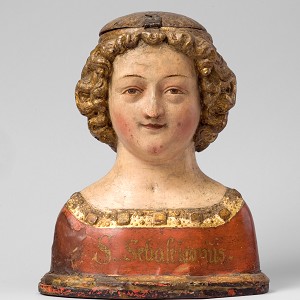  Reliquienbüste des Hl. Sebastian Köln, um 1340/50, Nussbaumholz, farbig gefasst, H. 24,5 cm,  Inv.-Nr. A 257 © Rheinisches Bildarchiv 