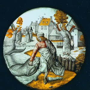  Tobias zieht den Fisch aus dem Wasser Tobiasmeister, Brügge um 1500, Glasmalerei, Ø 26,40 cm, Inv. Nr. M 702 © Rheinisches Bildarchiv 