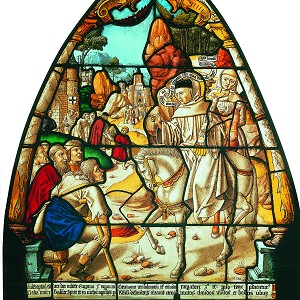  Szene des Altenberger Kreuzgangszyklus: Bernhard predigt in Deutschland zum Kreuzzug und heilt Kranke, Köln, um 1520-1530, Glasmalerei, 103 x 90 cm, Inv. Nr. M 568 © Rheinisches Bildarchiv 
   