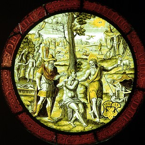  Kabinettscheibe mit der Allegorie von Gesetz und Gnade, Köln, um 1551, Glasmalerei, Ø 30 cm, Inv.-Nr. M 695, © Rheinisches Bildarchiv 