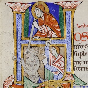  Einzelblatt aus dem Albani-Psalter: Drei Initialen zu Gebeten zeigen, wie jeweils Christus die Bitte des Gebets erfüllt, Teufel tötet oder Seelen rettet, St. Alban, um 1130-1135, Pergament, 27 x 17,6 cm, Inv.-Nr. M 694 © Rheinisches Bildarchiv 